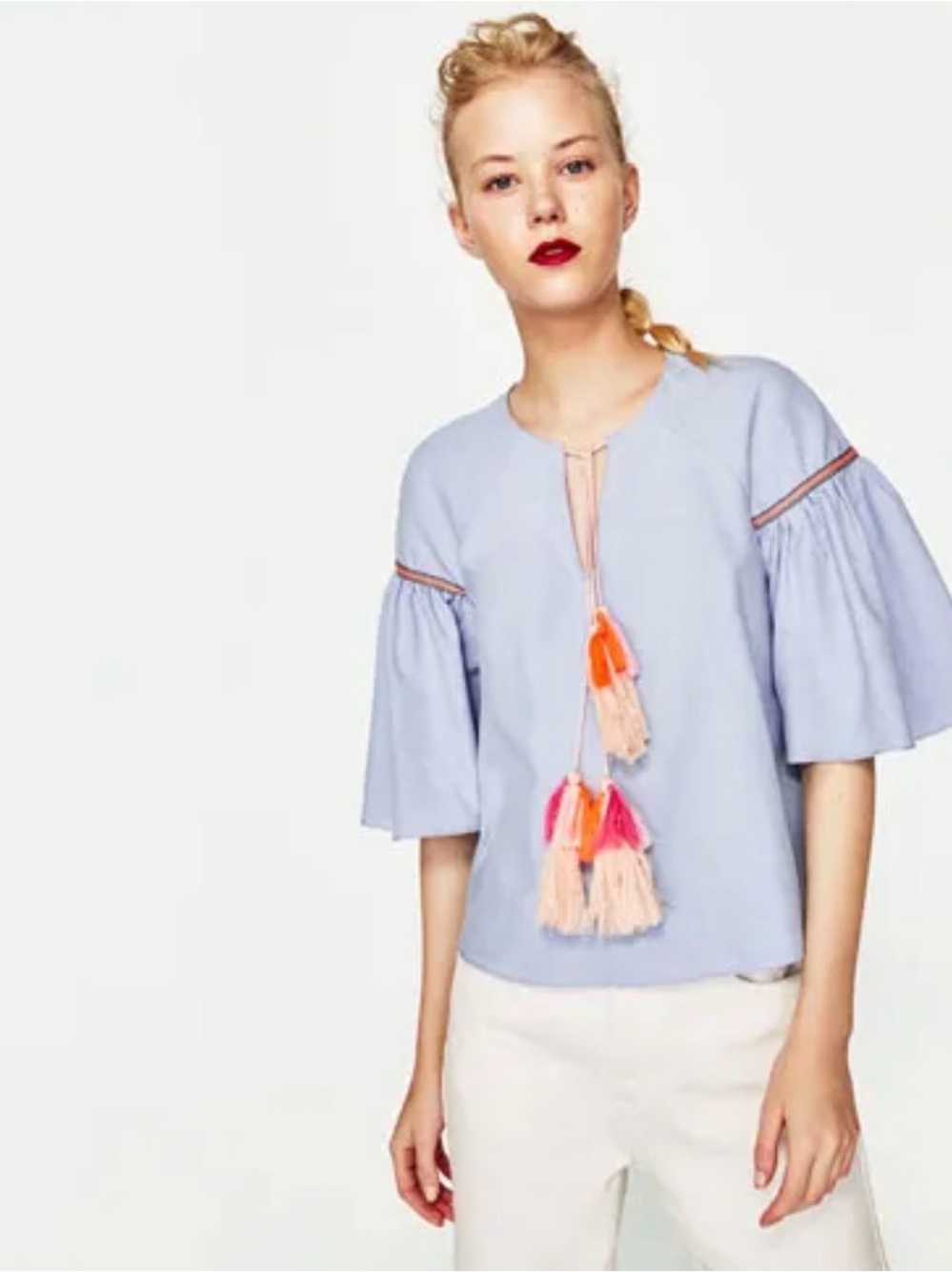 ZARA Tassel Chambray Top Embroidered Flare Sleeves